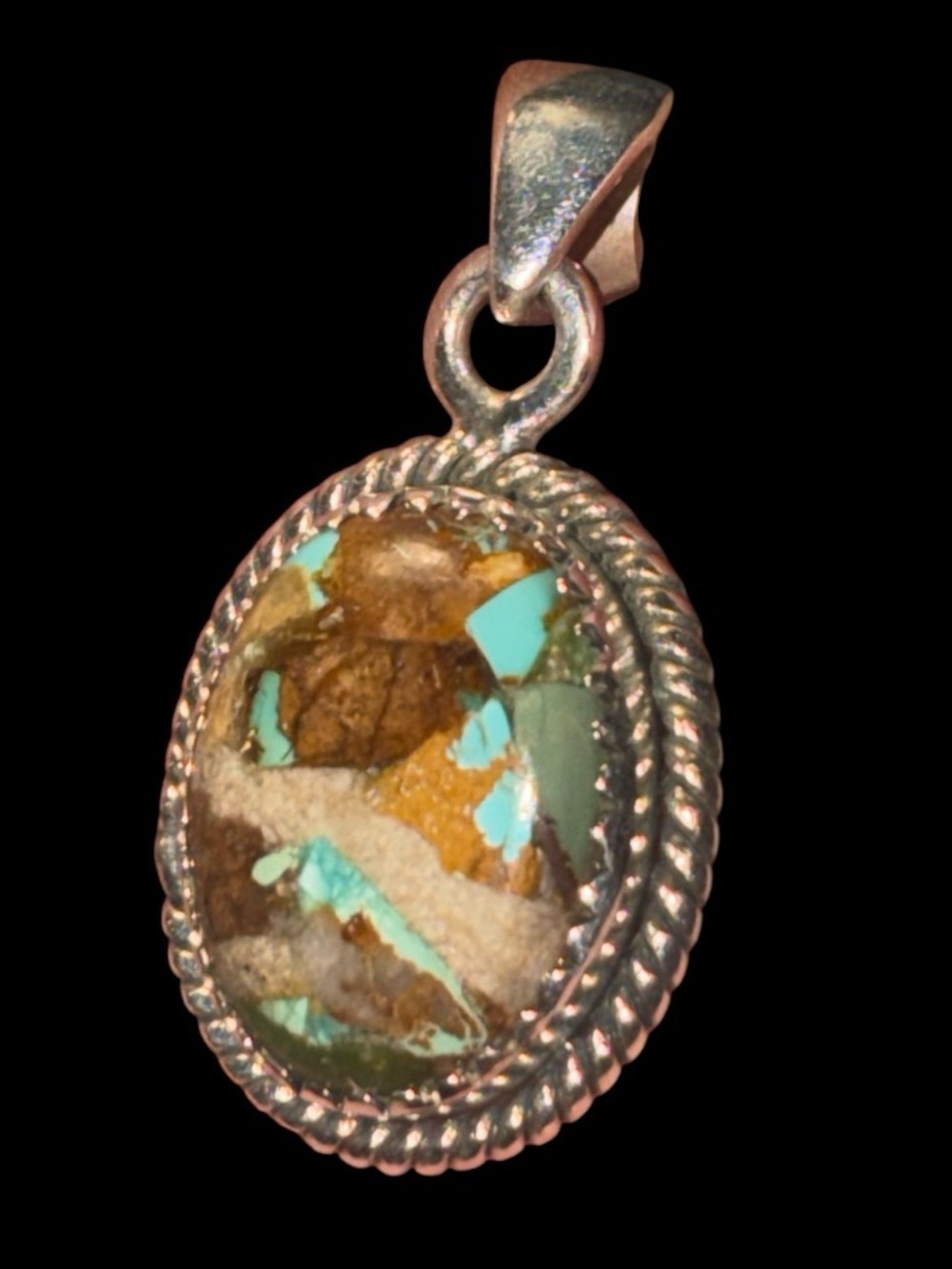 Copper Turquoise OvalOpen Back  PendantSet In  925 Sterling Silver